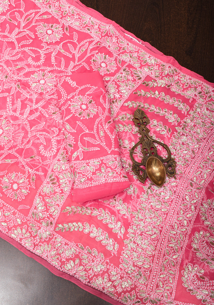 Full Jaal  Authentic Hand Chikankari with Gotta embellishments on Bright Pink Georgette Saree