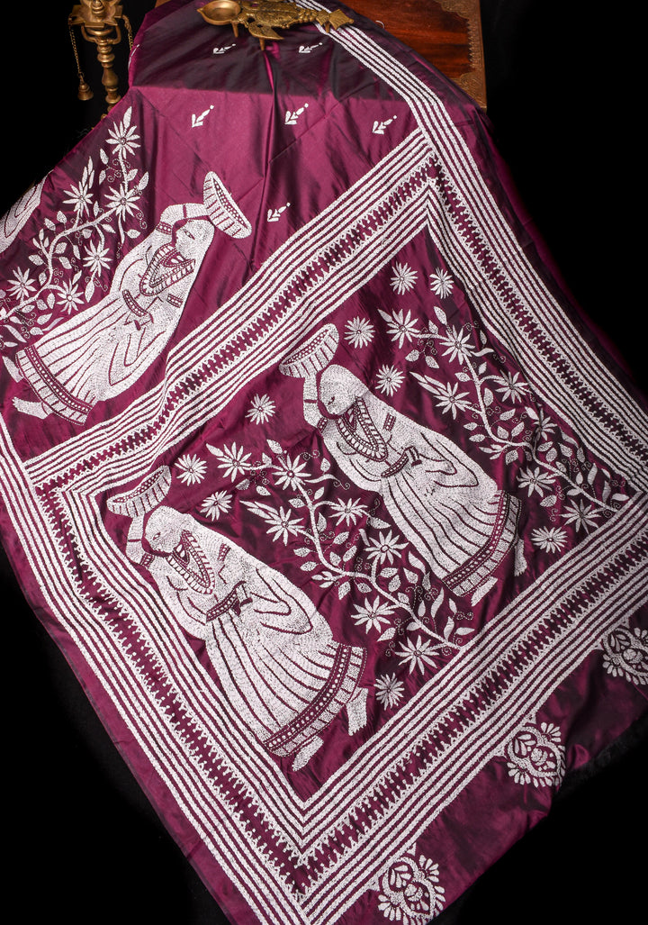 Burgundy Floral Vines with Village scene motifs hand Kantha Embroidery on Art Silk Saree