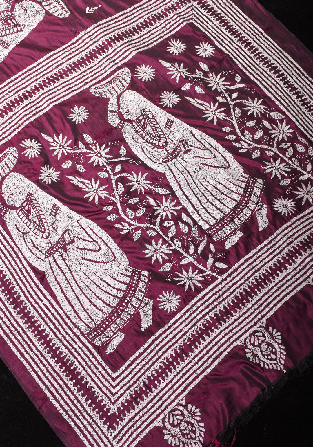 Burgundy Floral Vines with Village scene motifs hand Kantha Embroidery on Art Silk Saree