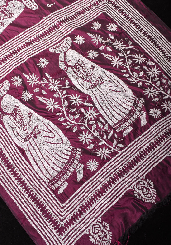 Burgundy Floral Vines with Village scene motifs hand Kantha Embroidery on Art Silk Saree