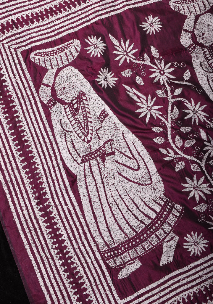Burgundy Floral Vines with Village scene motifs hand Kantha Embroidery on Art Silk Saree