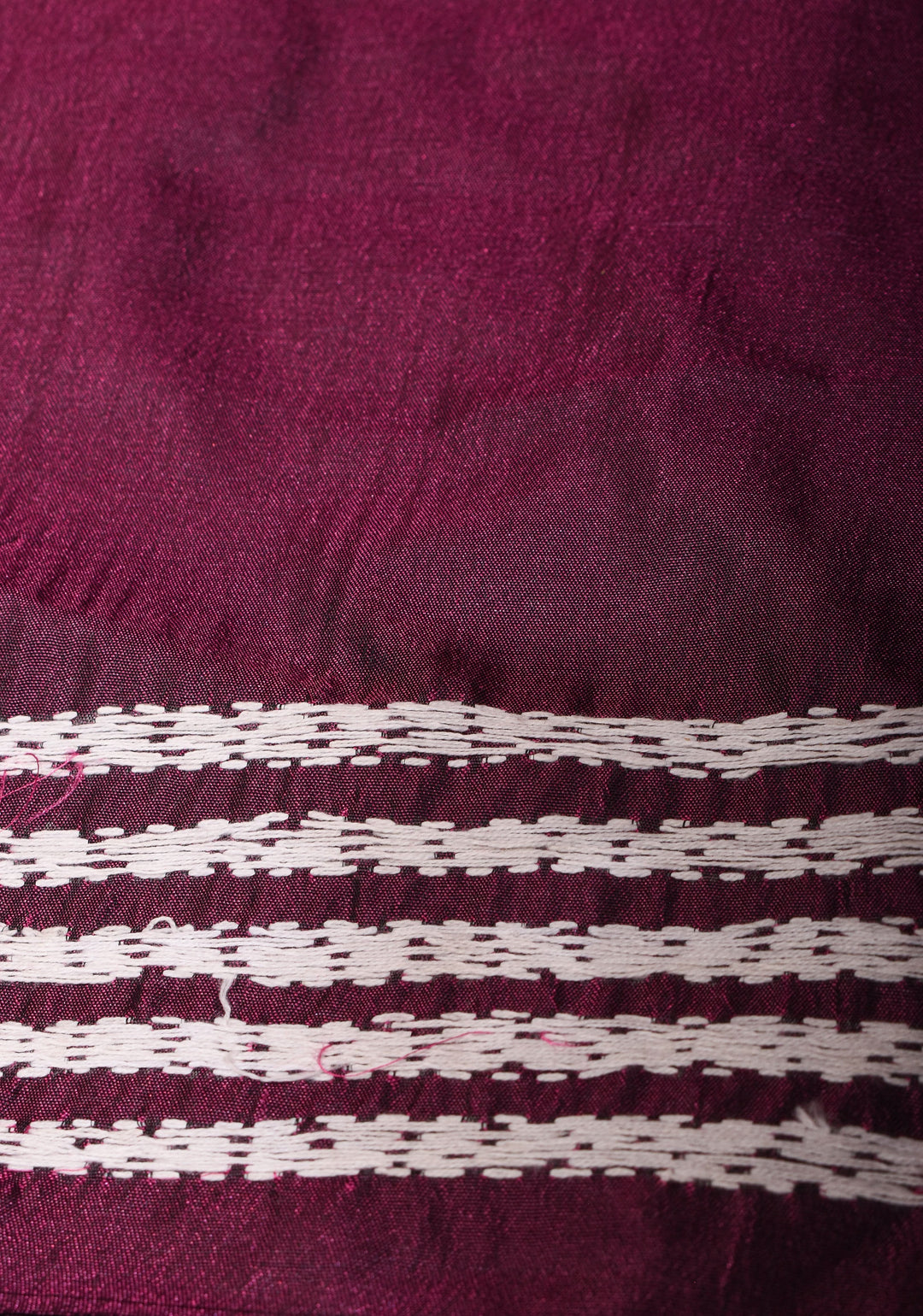 Burgundy Floral Vines with Village scene motifs hand Kantha Embroidery on Art Silk Saree
