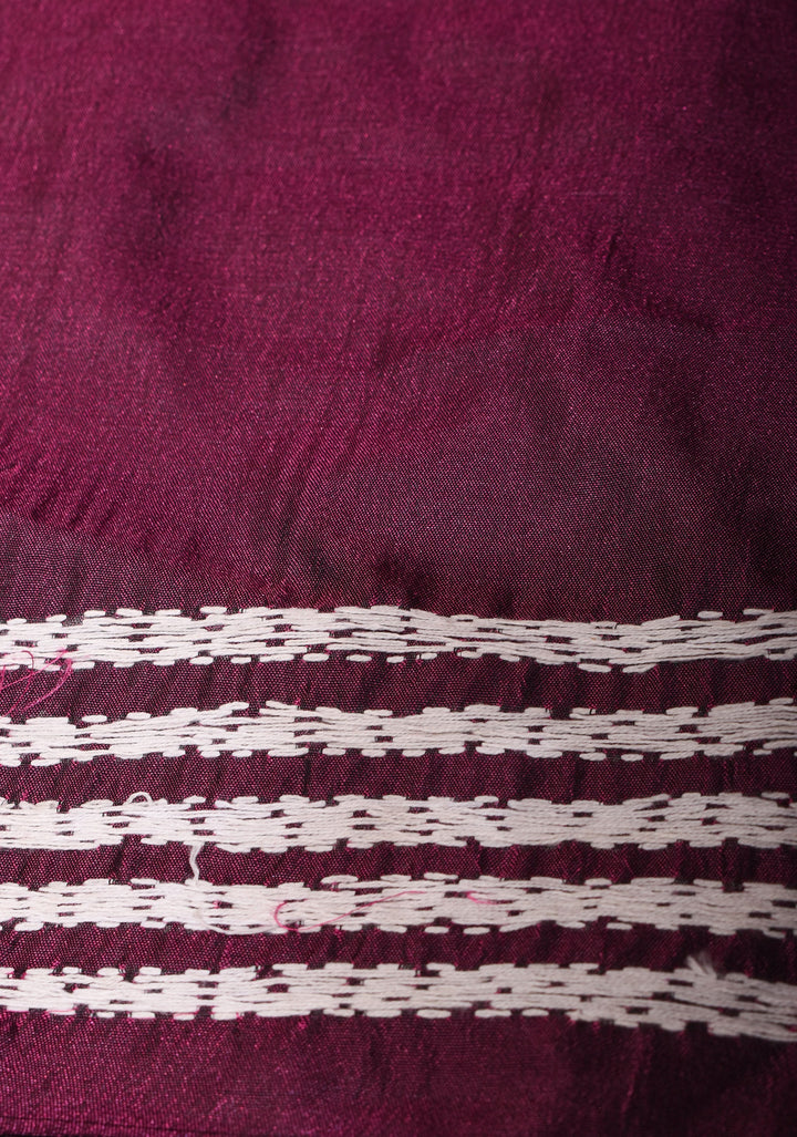 Burgundy Floral Vines with Village scene motifs hand Kantha Embroidery on Art Silk Saree
