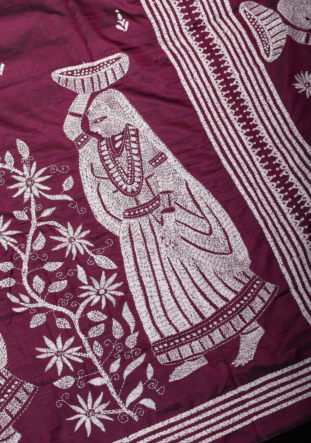 Burgundy Floral Vines with Village scene motifs hand Kantha Embroidery on Art Silk Saree