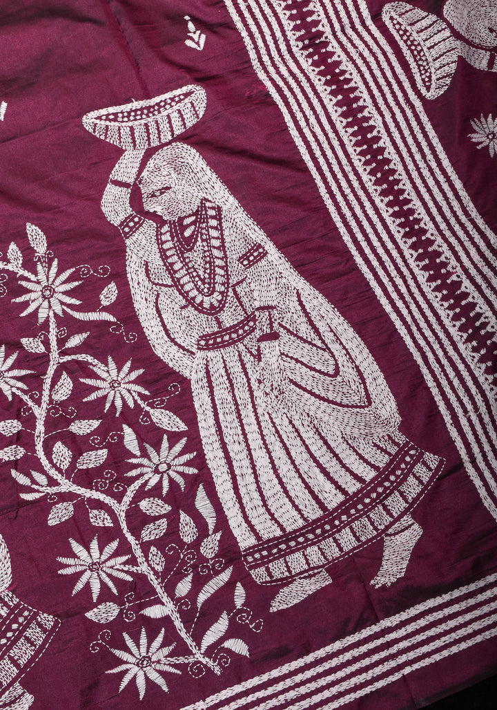 Burgundy Floral Vines with Village scene motifs hand Kantha Embroidery on Art Silk Saree