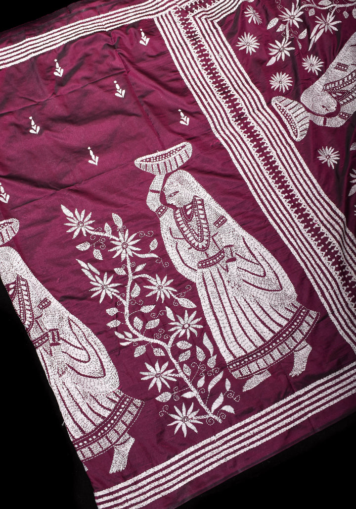 Burgundy Floral Vines with Village scene motifs hand Kantha Embroidery on Art Silk Saree