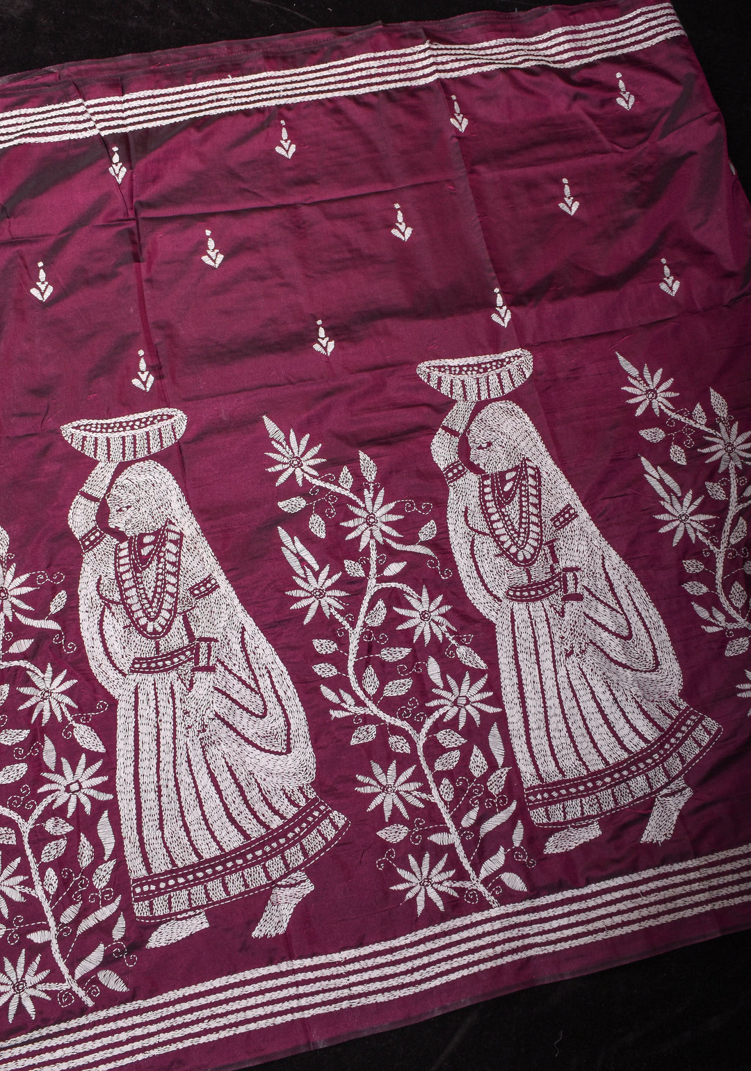 Burgundy Floral Vines with Village scene motifs hand Kantha Embroidery on Art Silk Saree