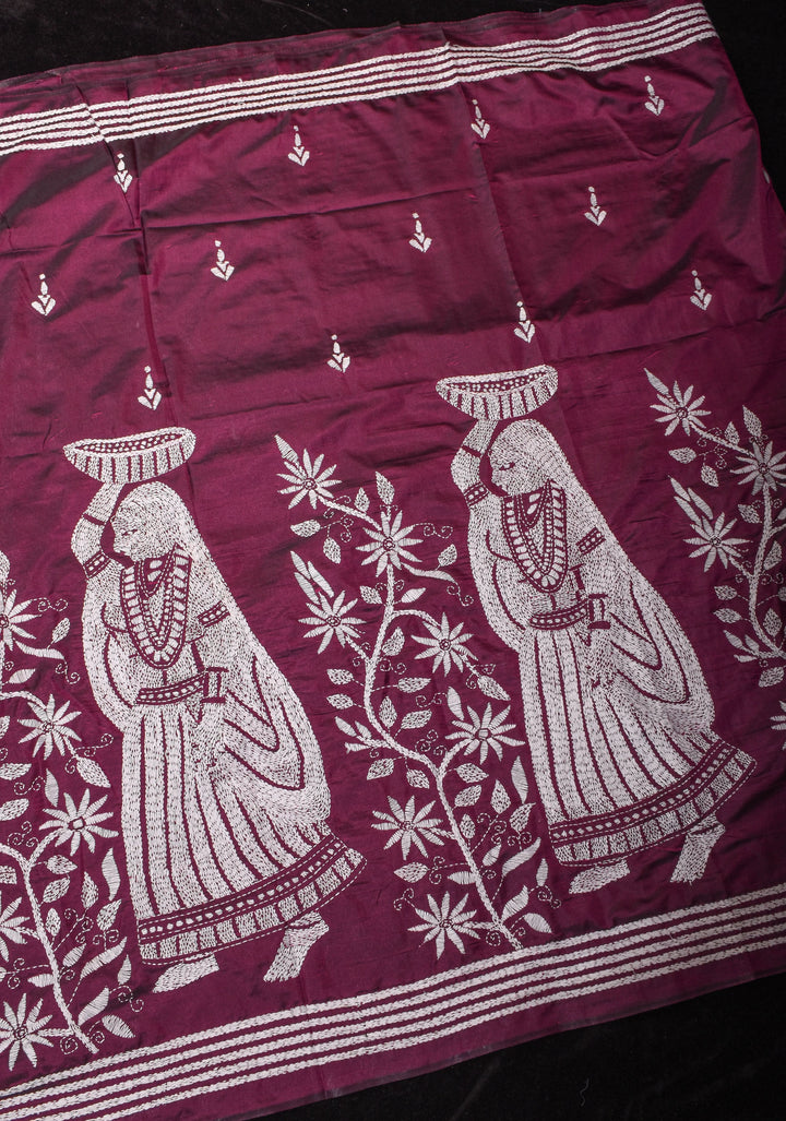 Burgundy Floral Vines with Village scene motifs hand Kantha Embroidery on Art Silk Saree