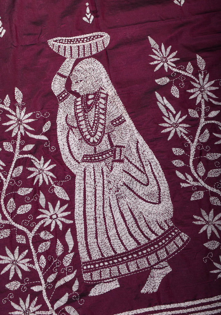 Burgundy Floral Vines with Village scene motifs hand Kantha Embroidery on Art Silk Saree