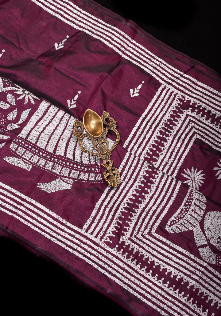Burgundy Floral Vines with Village scene motifs hand Kantha Embroidery on Art Silk Saree