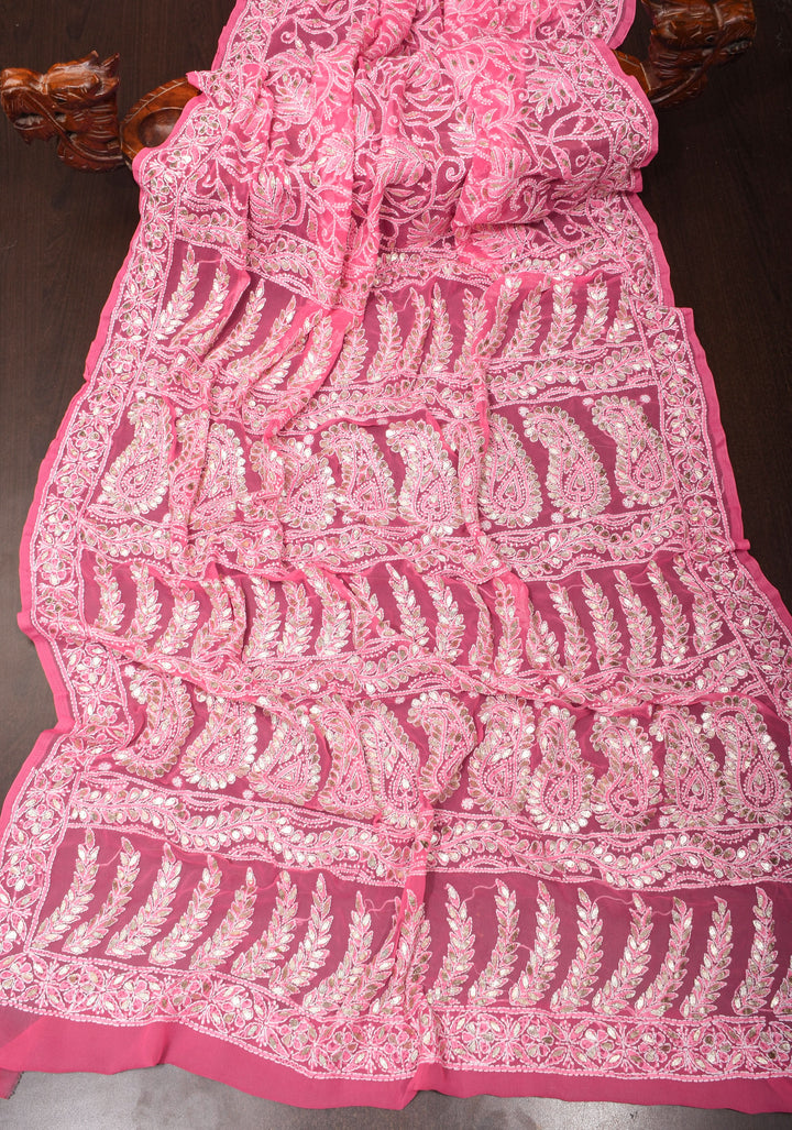 Authentic Hand Chikankari with Gotta embellishments on Shorbet Pink Georgette Saree