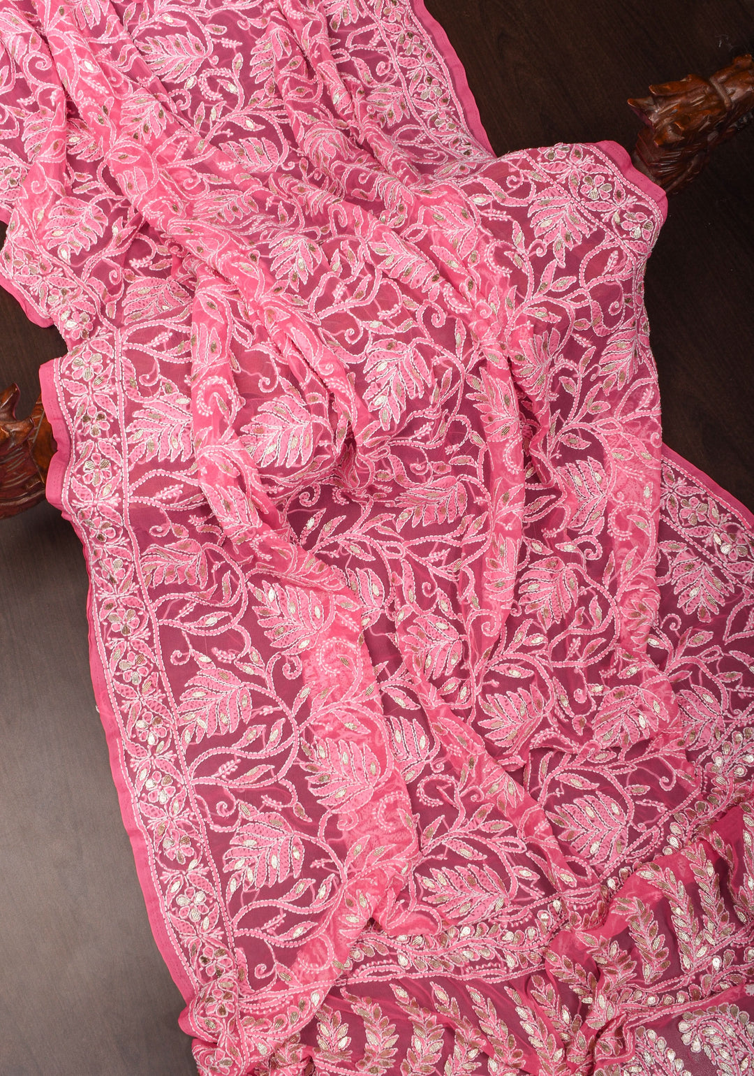 Authentic Hand Chikankari with Gotta embellishments on Shorbet Pink Georgette Saree