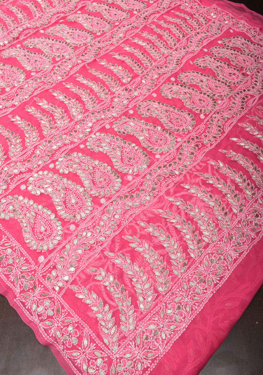 Authentic Hand Chikankari with Gotta embellishments on Shorbet Pink Georgette Saree