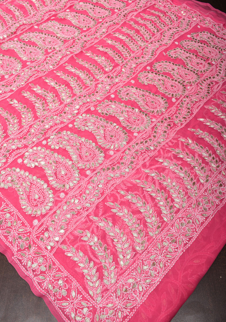 Authentic Hand Chikankari with Gotta embellishments on Shorbet Pink Georgette Saree