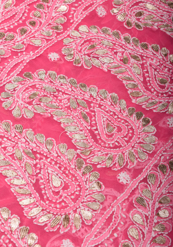 Authentic Hand Chikankari with Gotta embellishments on Shorbet Pink Georgette Saree