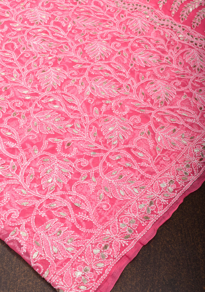 Authentic Hand Chikankari with Gotta embellishments on Shorbet Pink Georgette Saree
