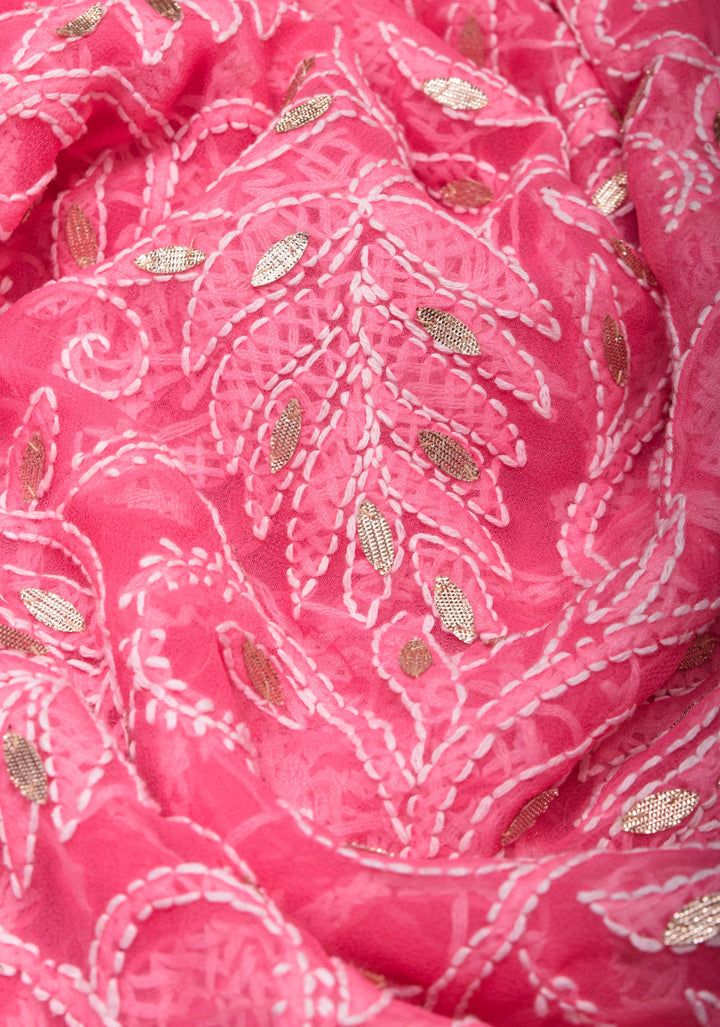 Authentic Hand Chikankari with Gotta embellishments on Shorbet Pink Georgette Saree