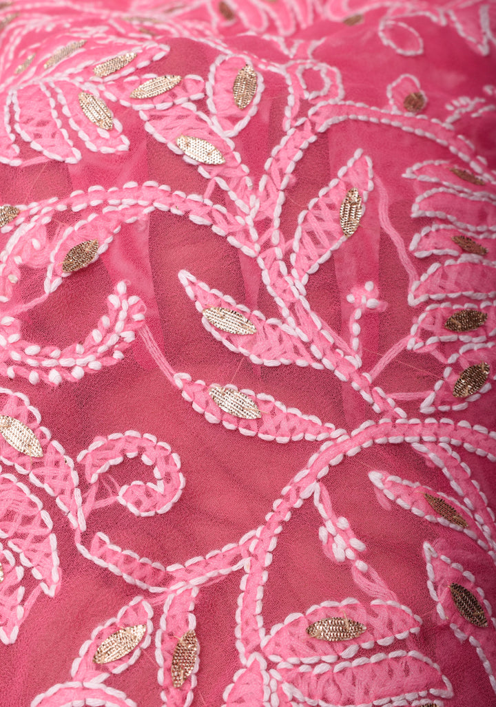 Authentic Hand Chikankari with Gotta embellishments on Shorbet Pink Georgette Saree