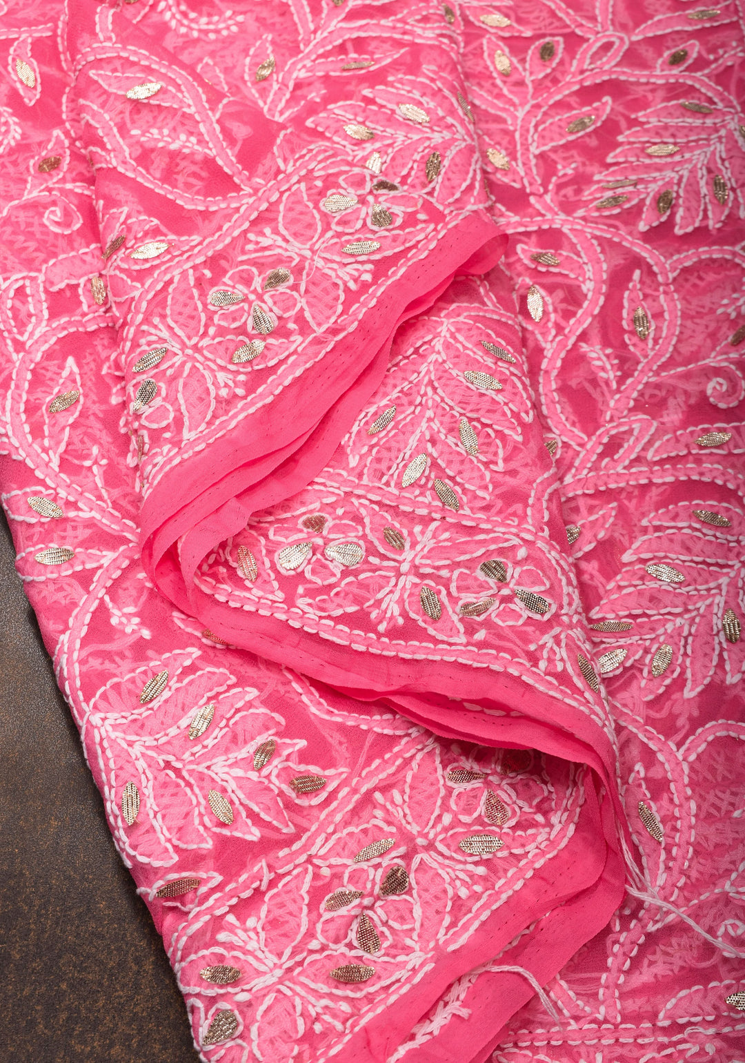 Authentic Hand Chikankari with Gotta embellishments on Shorbet Pink Georgette Saree