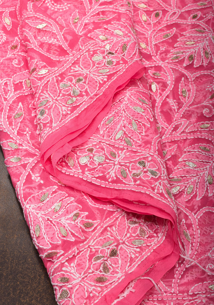 Authentic Hand Chikankari with Gotta embellishments on Shorbet Pink Georgette Saree