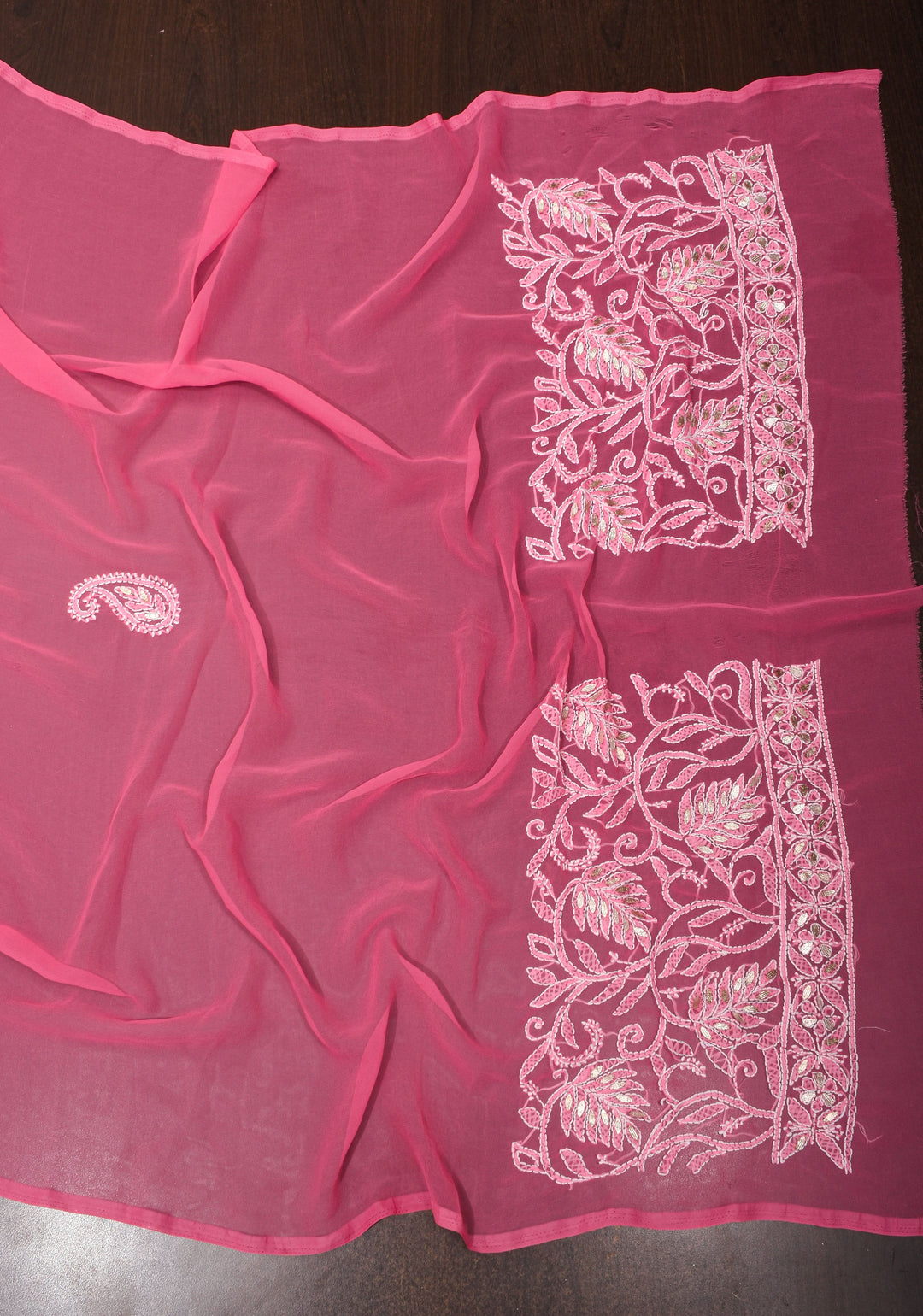 Authentic Hand Chikankari with Gotta embellishments on Shorbet Pink Georgette Saree