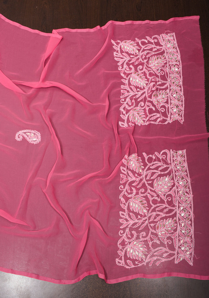 Authentic Hand Chikankari with Gotta embellishments on Shorbet Pink Georgette Saree