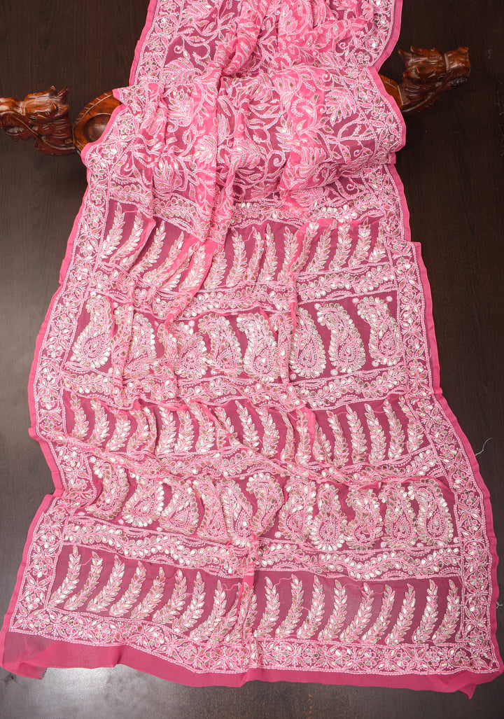 Authentic Hand Chikankari with Gotta embellishments on Shorbet Pink Georgette Saree