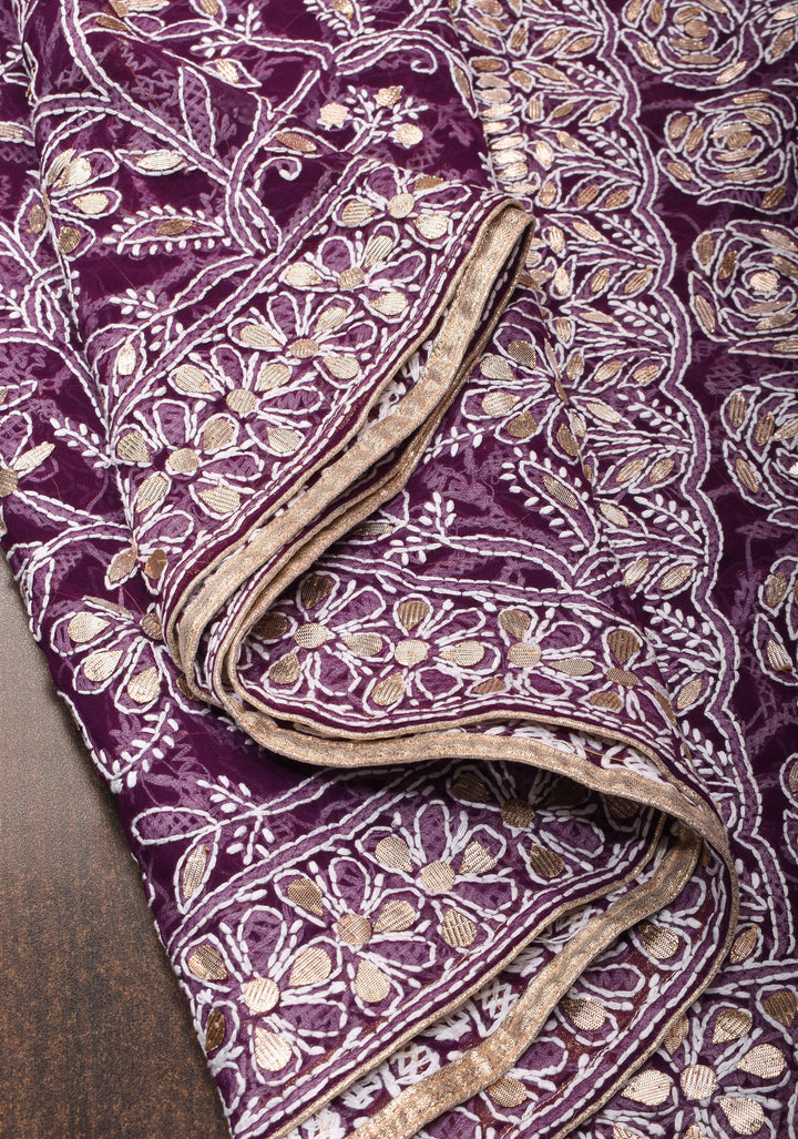 Wine Hand-Embroidered Full Jaal Chikankari Georgette Saree with Gotta Work and Golden Trim Border