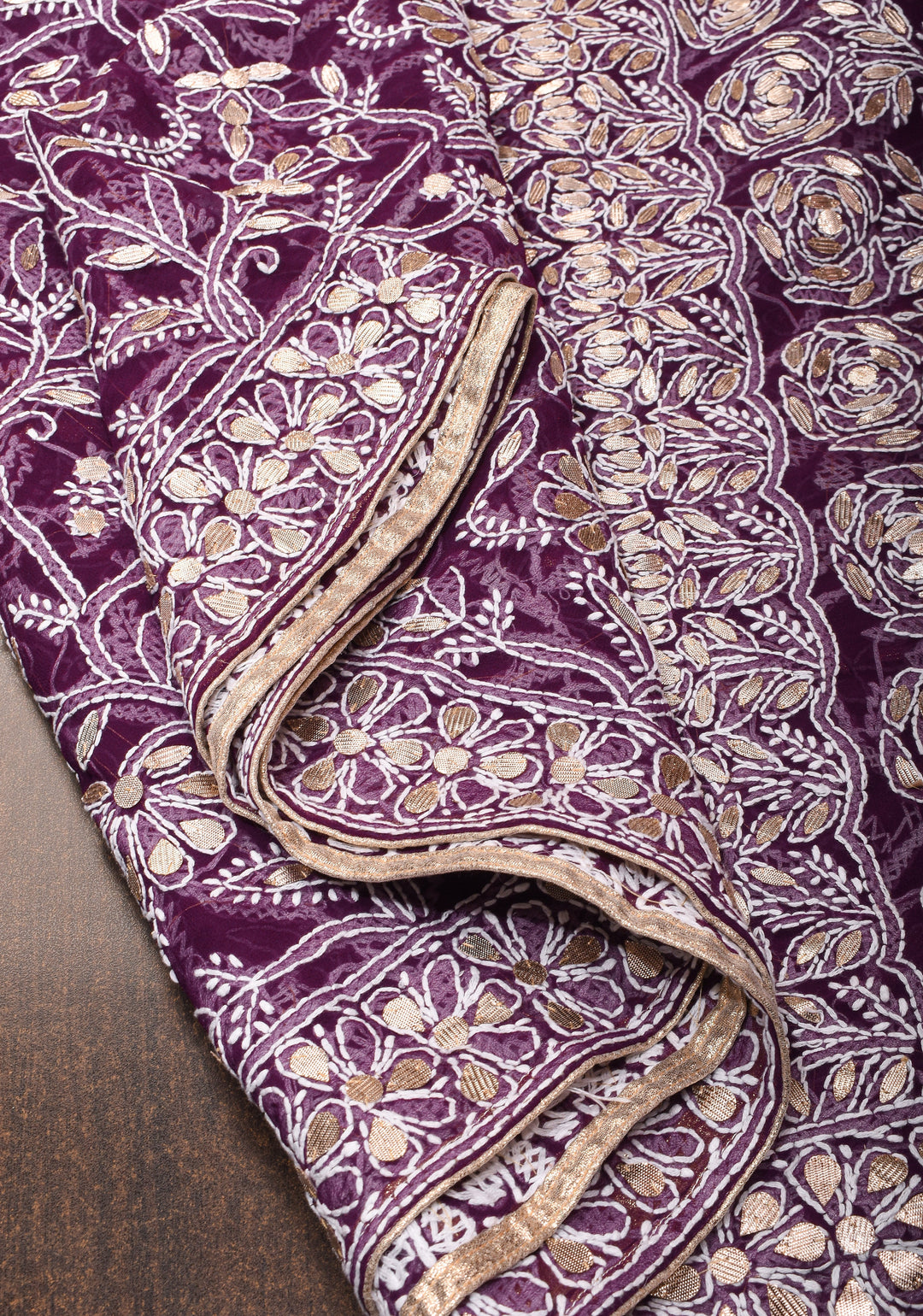 Wine Hand-Embroidered Full Jaal Chikankari Georgette Saree with Gotta Work and Golden Trim Border