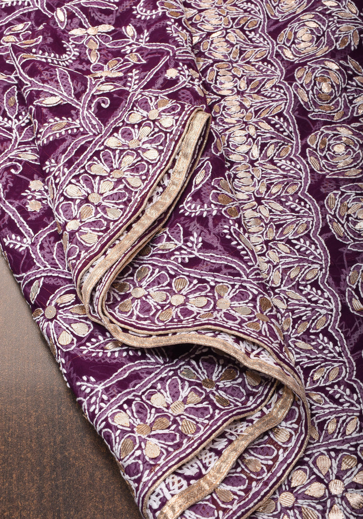 Wine Hand-Embroidered Full Jaal Chikankari Georgette Saree with Gotta Work and Golden Trim Border