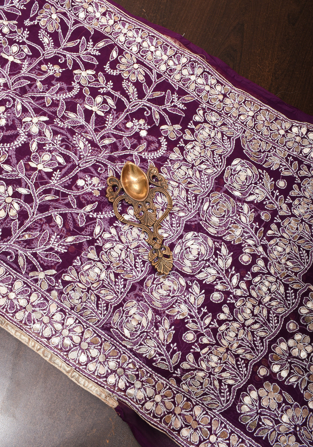 Wine Hand-Embroidered Full Jaal Chikankari Georgette Saree with Gotta Work and Golden Trim Border