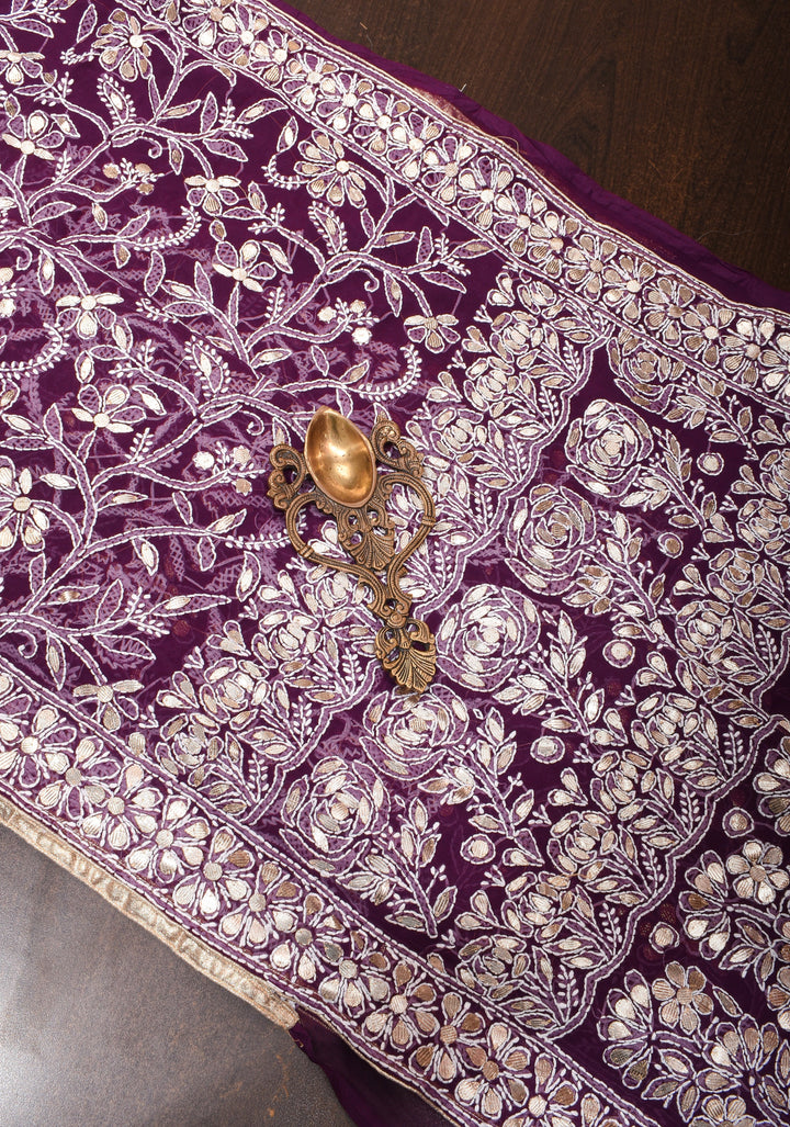 Wine Hand-Embroidered Full Jaal Chikankari Georgette Saree with Gotta Work and Golden Trim Border