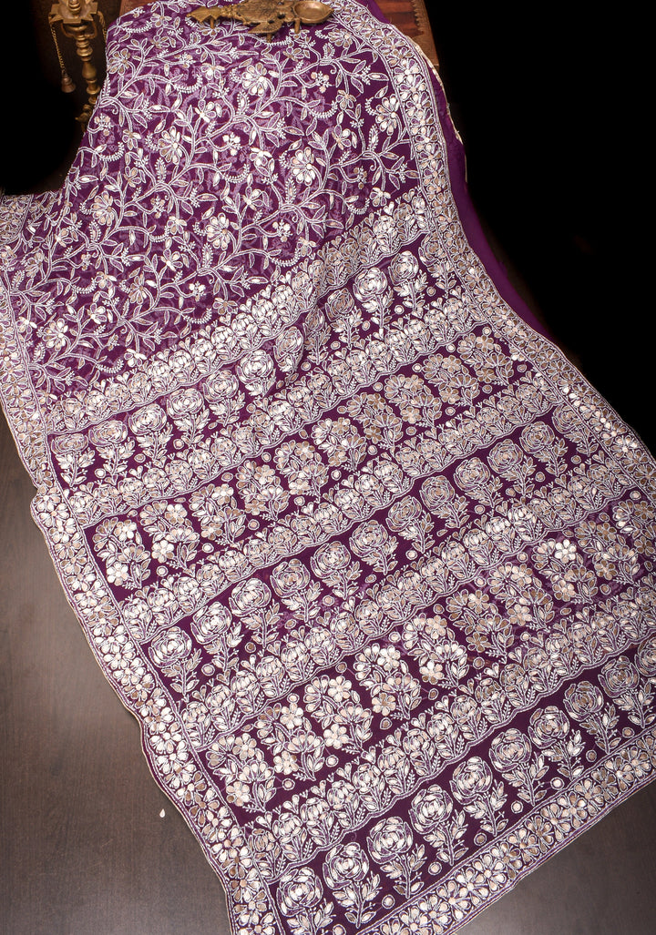 Wine Hand-Embroidered Full Jaal Chikankari Georgette Saree with Gotta Work and Golden Trim Border