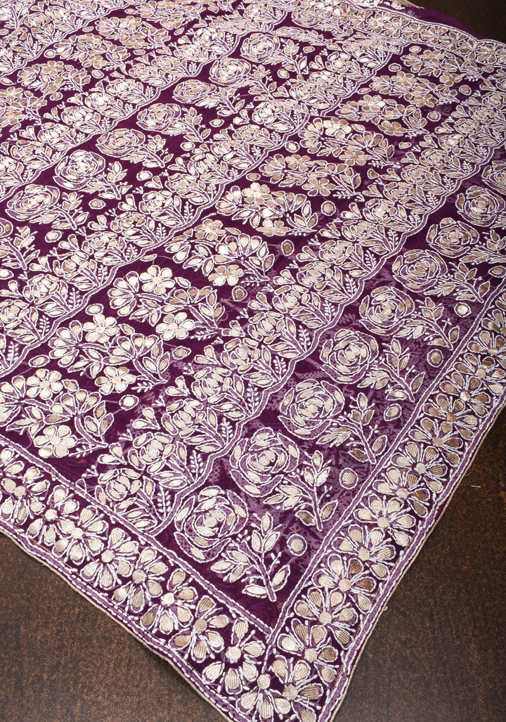 Wine Hand-Embroidered Full Jaal Chikankari Georgette Saree with Gotta Work and Golden Trim Border