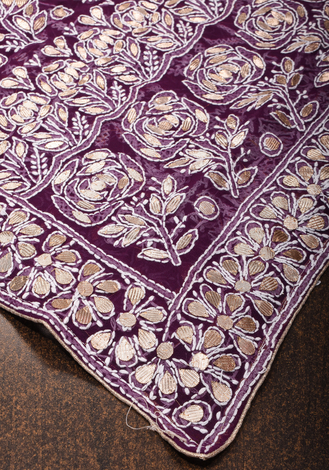 Wine Hand-Embroidered Full Jaal Chikankari Georgette Saree with Gotta Work and Golden Trim Border