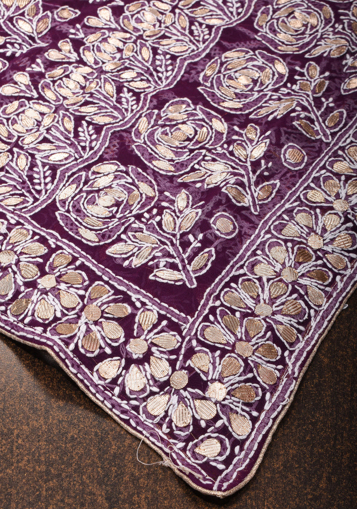 Wine Hand-Embroidered Full Jaal Chikankari Georgette Saree with Gotta Work and Golden Trim Border