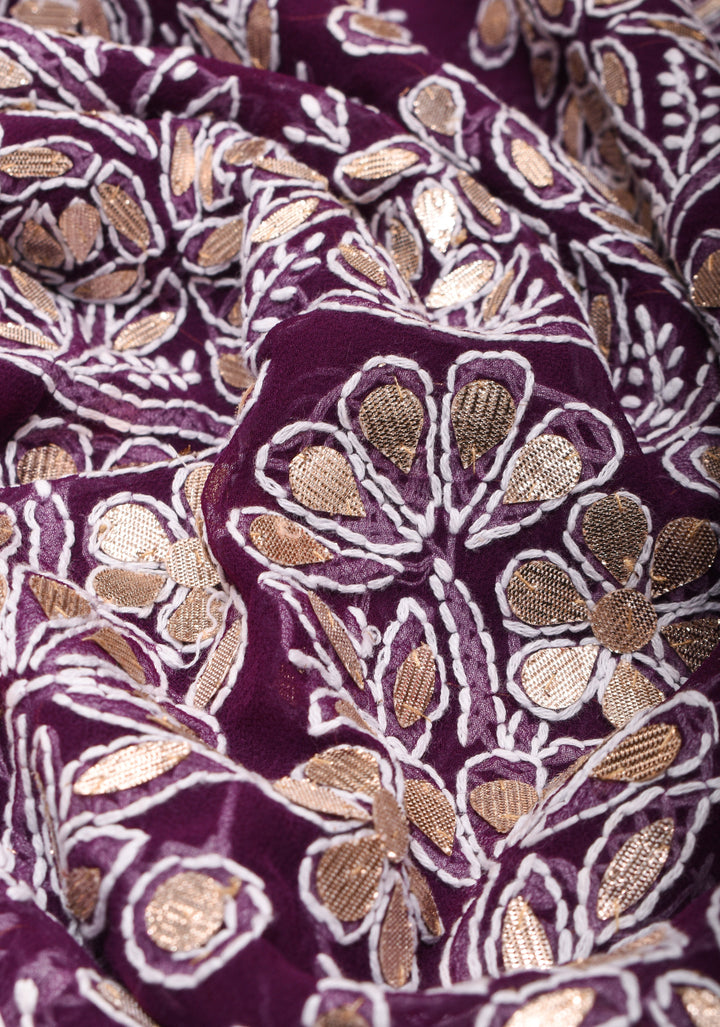 Wine Hand-Embroidered Full Jaal Chikankari Georgette Saree with Gotta Work and Golden Trim Border