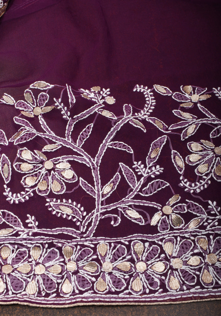 Wine Hand-Embroidered Full Jaal Chikankari Georgette Saree with Gotta Work and Golden Trim Border