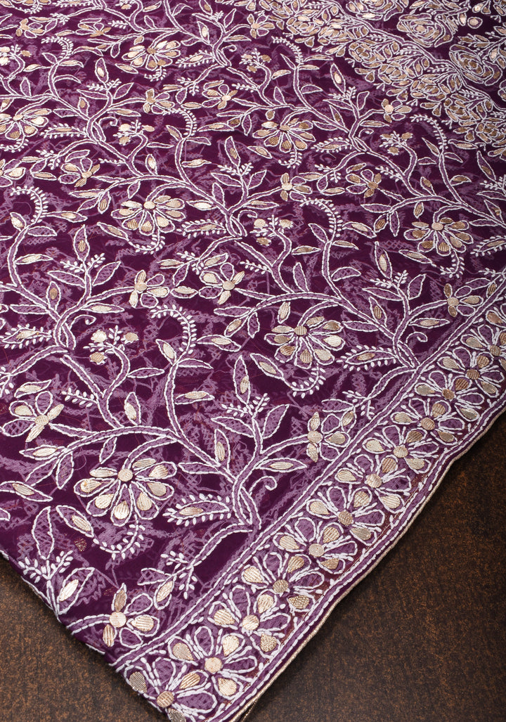 Wine Hand-Embroidered Full Jaal Chikankari Georgette Saree with Gotta Work and Golden Trim Border