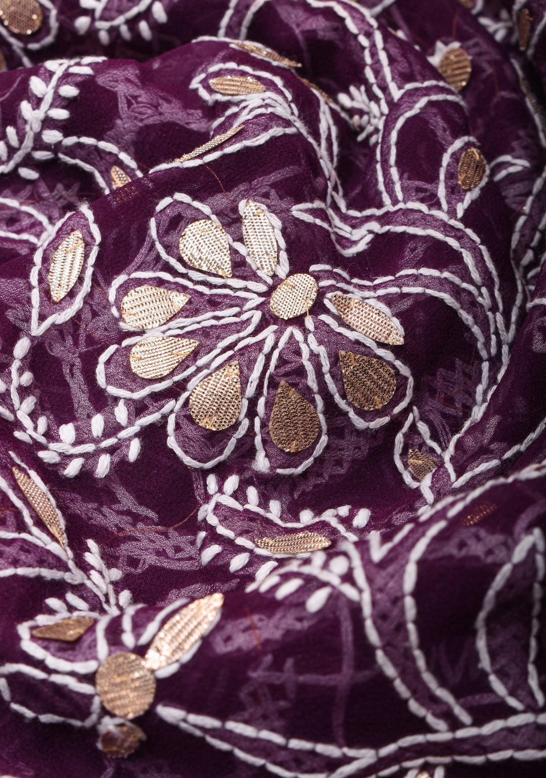 Wine Hand-Embroidered Full Jaal Chikankari Georgette Saree with Gotta Work and Golden Trim Border