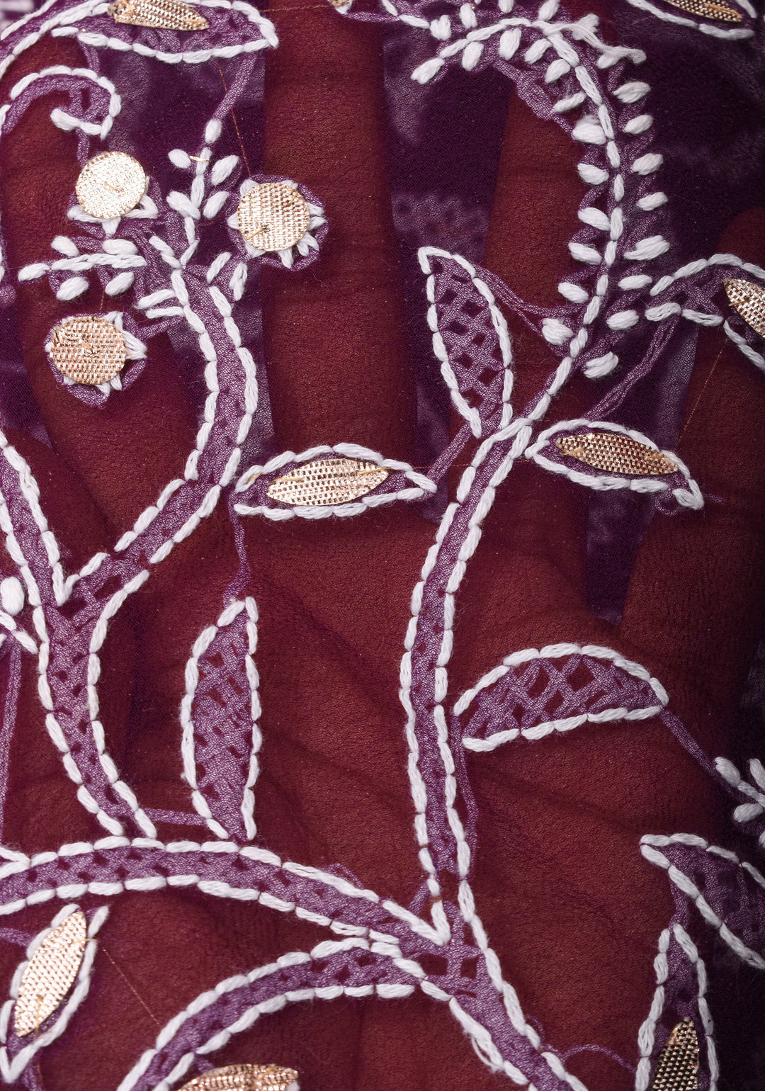 Wine Hand-Embroidered Full Jaal Chikankari Georgette Saree with Gotta Work and Golden Trim Border