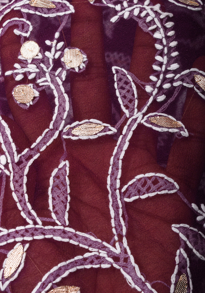 Wine Hand-Embroidered Full Jaal Chikankari Georgette Saree with Gotta Work and Golden Trim Border
