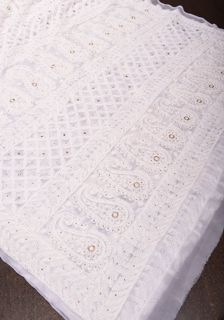 Authentic Pure White Hand-Embroidered Full Jaal Chikankari Georgette Saree with Mukesh work and Golden Trim Border