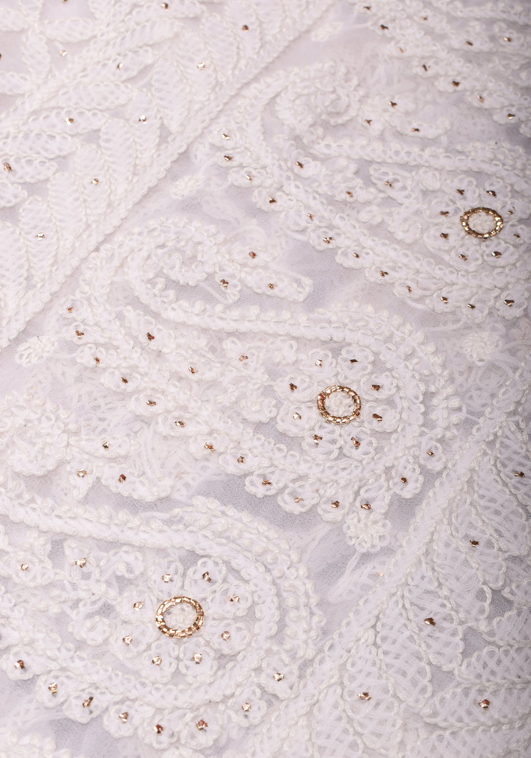 Authentic Pure White Hand-Embroidered Full Jaal Chikankari Georgette Saree with Mukesh work and Golden Trim Border