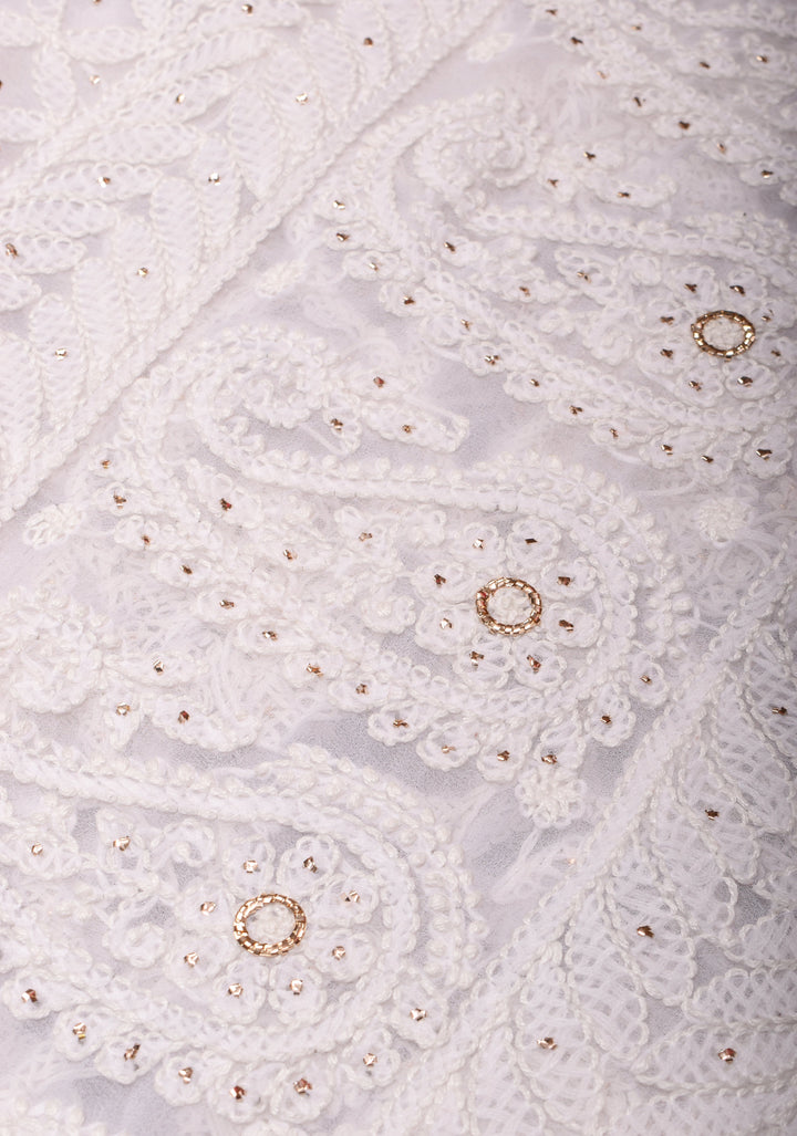 Authentic Pure White Hand-Embroidered Full Jaal Chikankari Georgette Saree with Mukesh work and Golden Trim Border