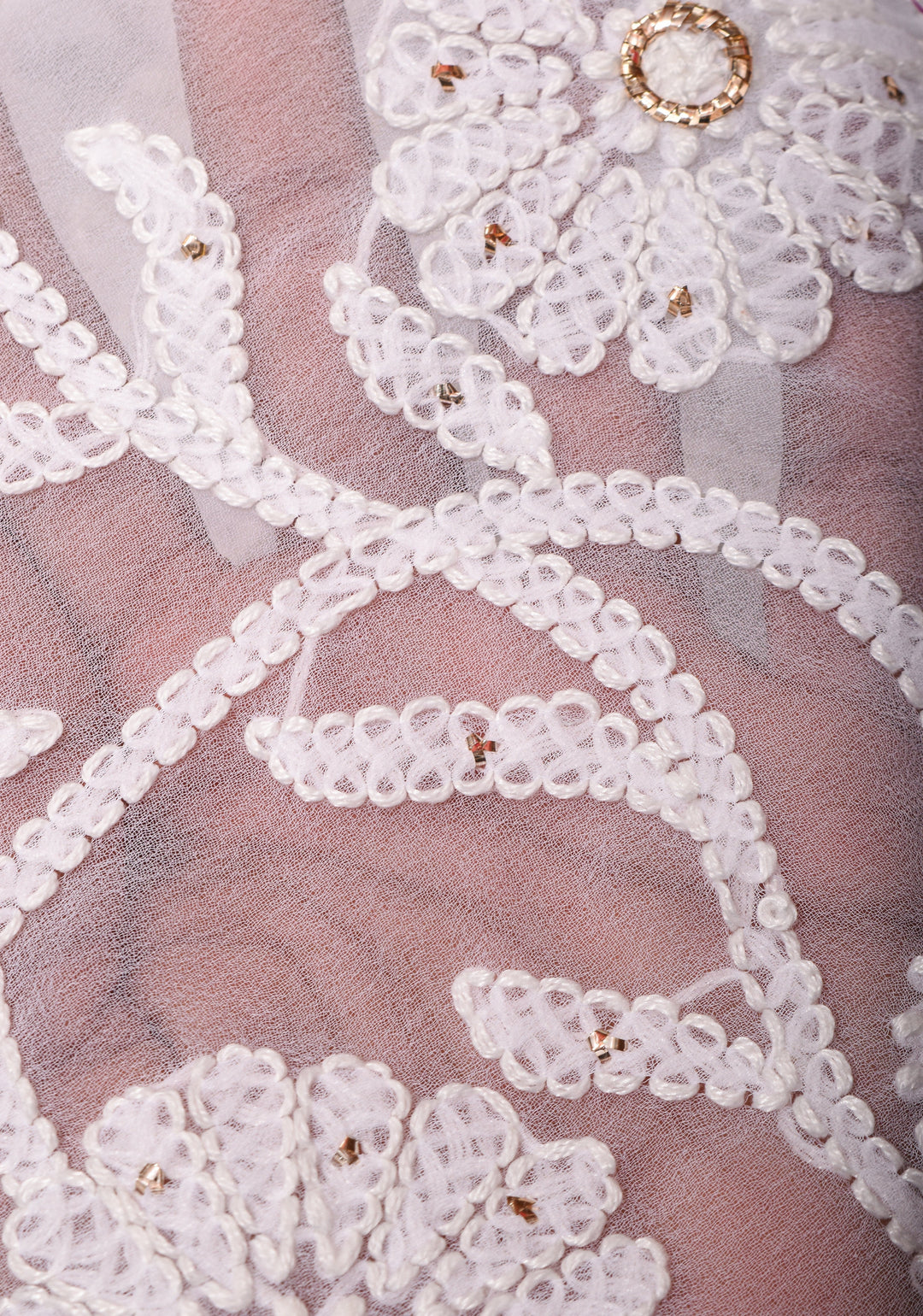 Authentic Pure White Hand-Embroidered Full Jaal Chikankari Georgette Saree with Mukesh work and Golden Trim Border