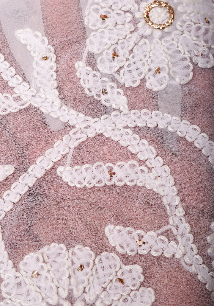 Authentic Pure White Hand-Embroidered Full Jaal Chikankari Georgette Saree with Mukesh work and Golden Trim Border