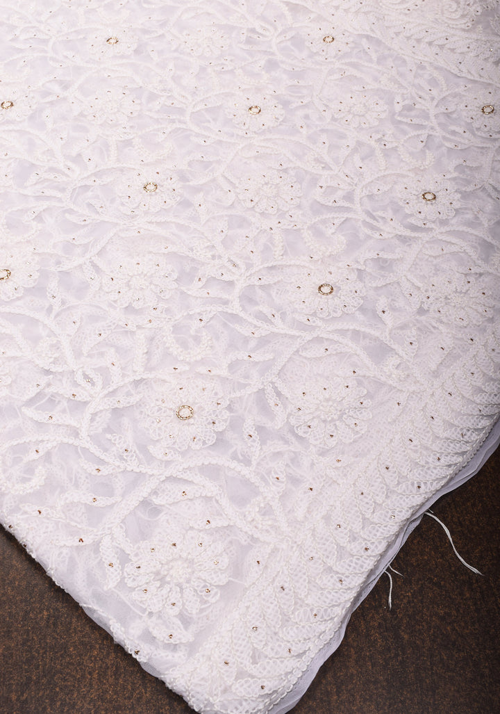 Authentic Pure White Hand-Embroidered Full Jaal Chikankari Georgette Saree with Mukesh work and Golden Trim Border