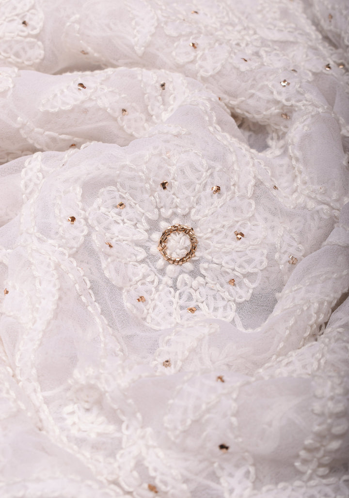 Authentic Pure White Hand-Embroidered Full Jaal Chikankari Georgette Saree with Mukesh work and Golden Trim Border