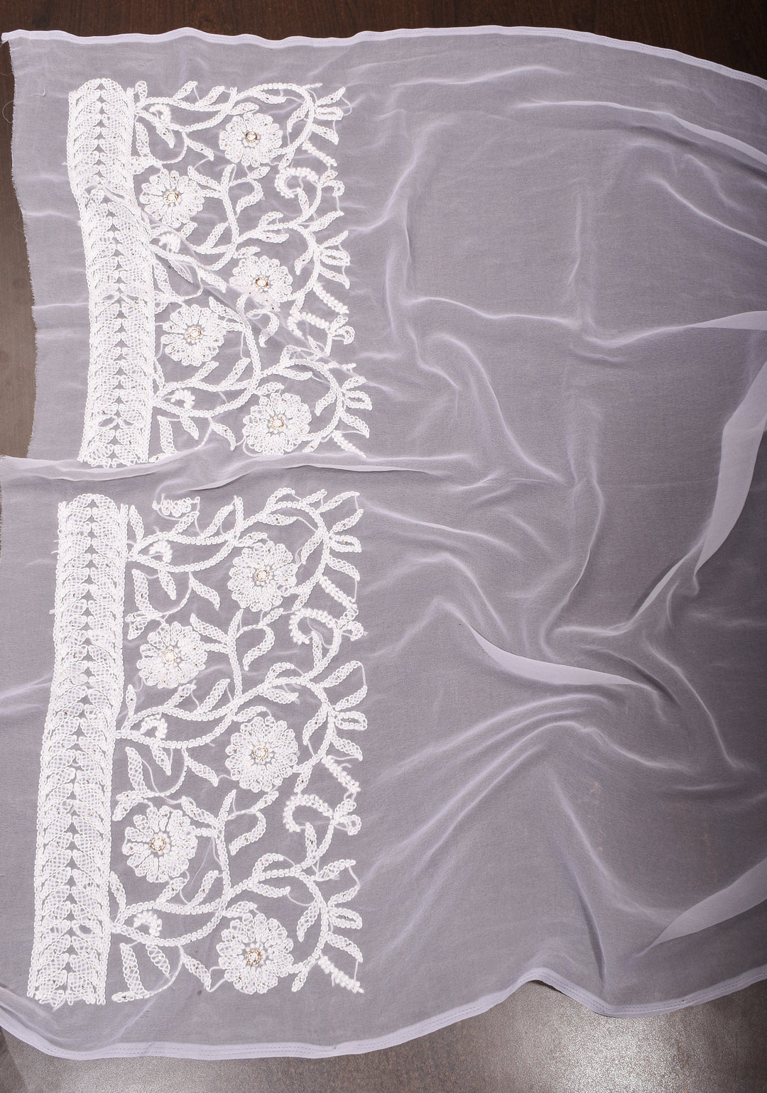 Authentic Pure White Hand-Embroidered Full Jaal Chikankari Georgette Saree with Mukesh work and Golden Trim Border